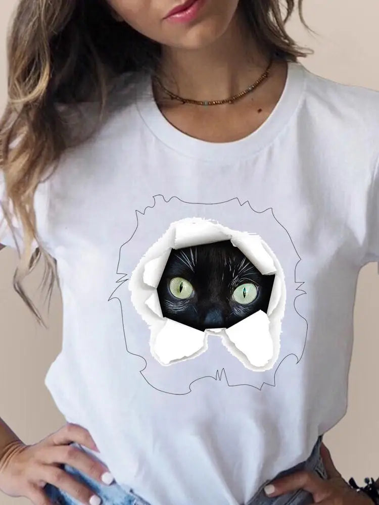 Print T Fashion 3D Cat Lovely Trend Cute Women's Clothing Short Sleeve Clothes Summer T-shirts Ladies Female Graphic Tee