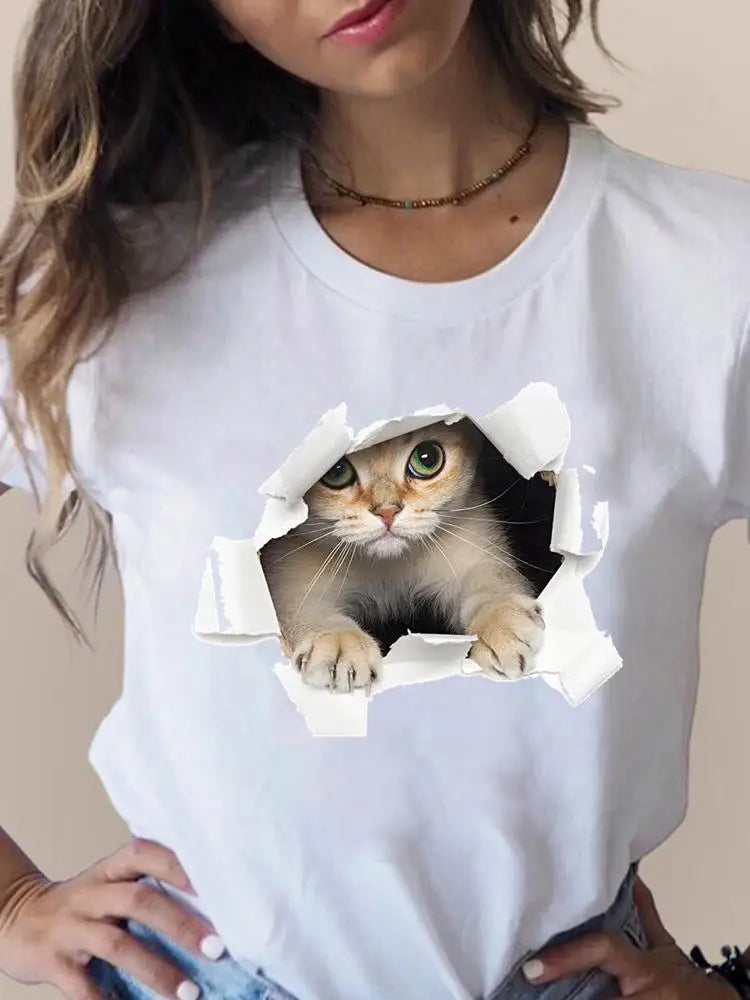 Print T Fashion 3D Cat Lovely Trend Cute Women's Clothing Short Sleeve Clothes Summer T-shirts Ladies Female Graphic Tee