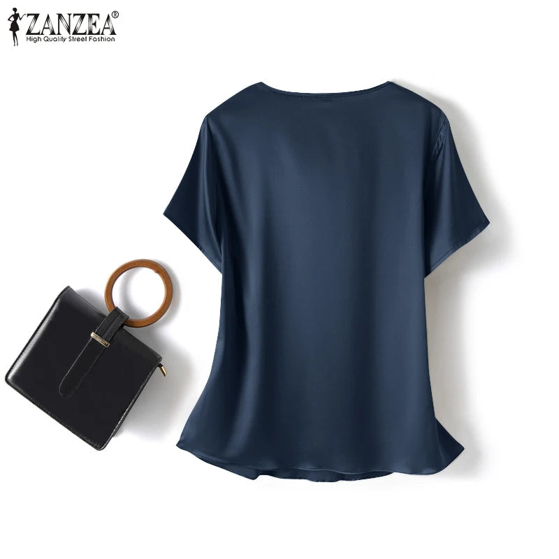 Women Summer Blouses ZANZEA 2024 Fashion Satin Tops Short Sleeve Blusas Female O Neck Casual Home Wear Tunic Chemise Oversized