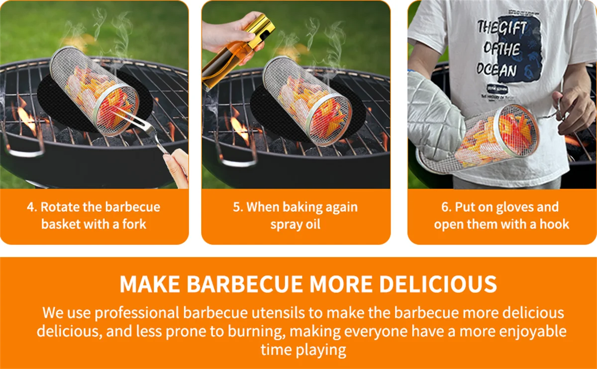 BBQ Basket Stainless Steel Rolling Grilling Basket Wire Mesh Cylinder Grill Basket Portable Round Outdoor Camping Barbecue Rack