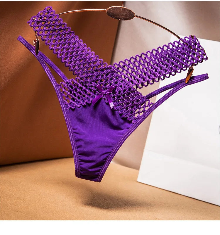 2024 Women's Panties Cross Cut Ice Silk Thong Sports Fashion Perspective Low Waist Ribbons Трусы Женские Sexy Lingerie Thongs