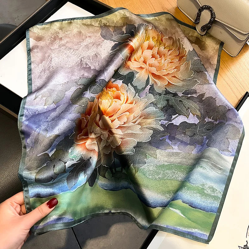 Hot Sale 2025 Brand 100% Silk Scarf Women Neck Hair Foulard Square Headband Hijab Print Poncho Scarves Bandana Fashion 53cm