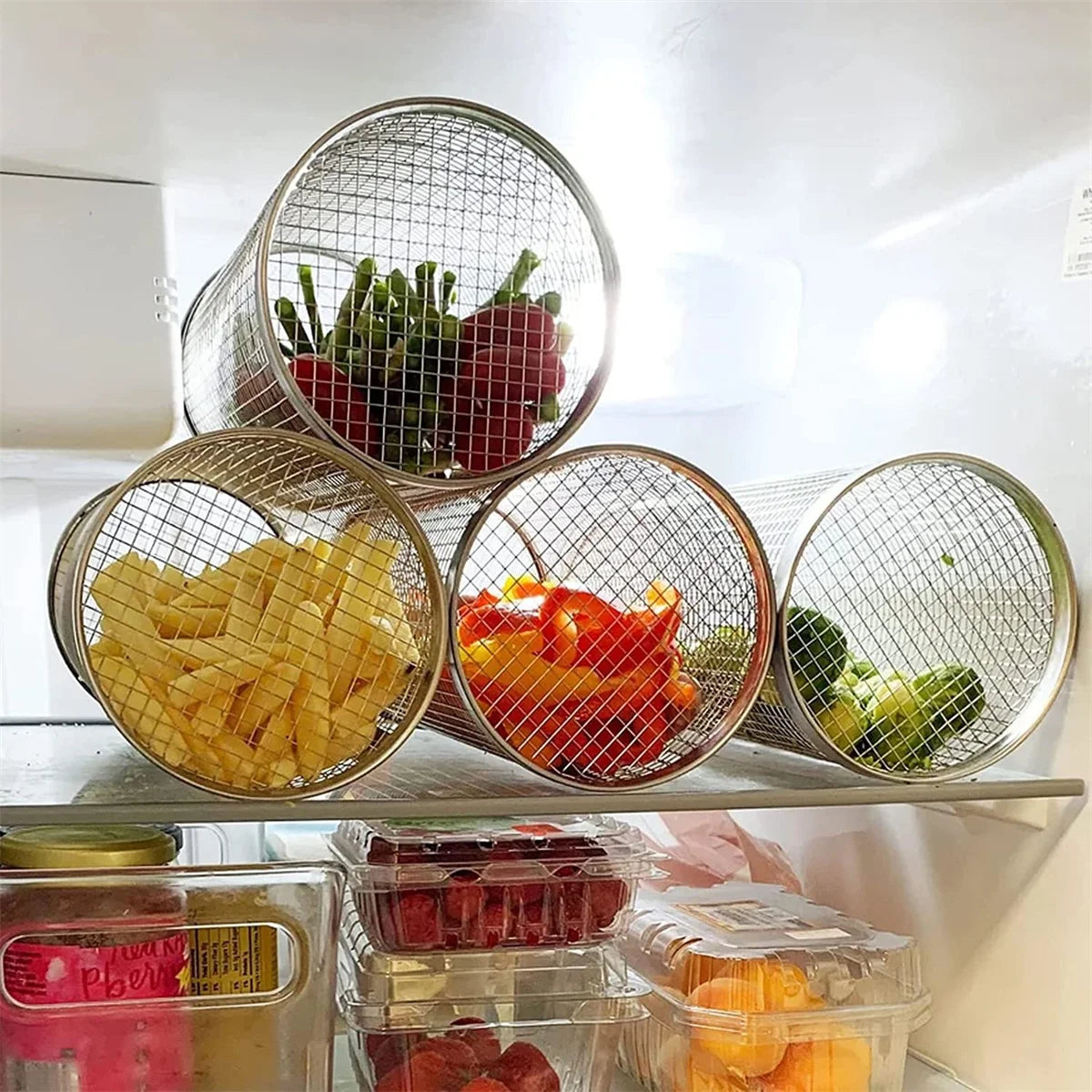 BBQ Basket Stainless Steel Rolling Grilling Basket Wire Mesh Cylinder Grill Basket Portable Round Outdoor Camping Barbecue Rack