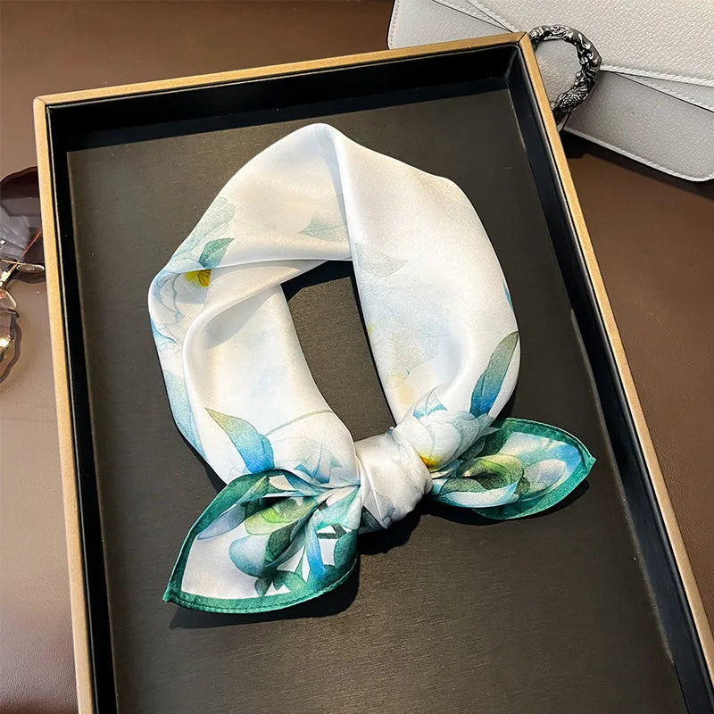 Hot Sale 2025 Brand 100% Silk Scarf Women Neck Hair Foulard Square Headband Hijab Print Poncho Scarves Bandana Fashion 53cm