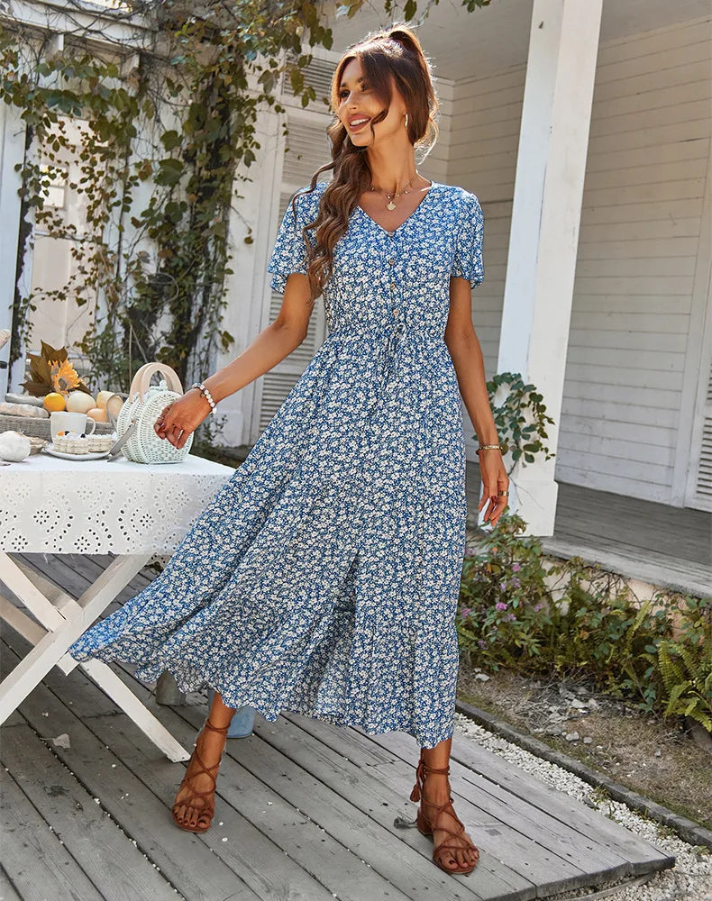 Summer hot-selling daily commuting floral dress fashionable slit skirt casual fashion loose V-neck short-sleeved skirt