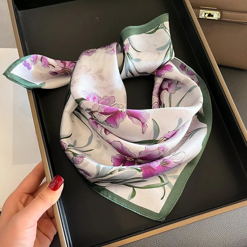 Hot Sale 2025 Brand 100% Silk Scarf Women Neck Hair Foulard Square Headband Hijab Print Poncho Scarves Bandana Fashion 53cm