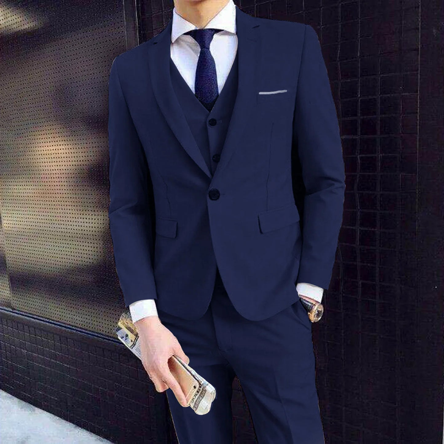Men Three-piece Suit Men's Formal Business Style Slim Fit Wedding Suit Set with Silky Smooth Anti-wrinkle Fabric Turn-down