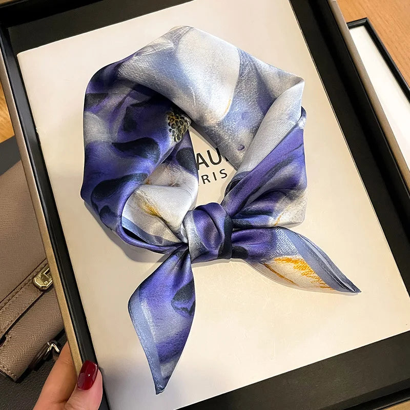 Hot Sale 2025 Brand 100% Silk Scarf Women Neck Hair Foulard Square Headband Hijab Print Poncho Scarves Bandana Fashion 53cm