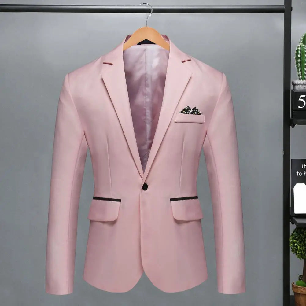 Men Blazer Formal Business Style Slim Fit Single Button Suit Jacket Solid Color Lapel Satin Groom Wedding Banquet Men Suit Coat