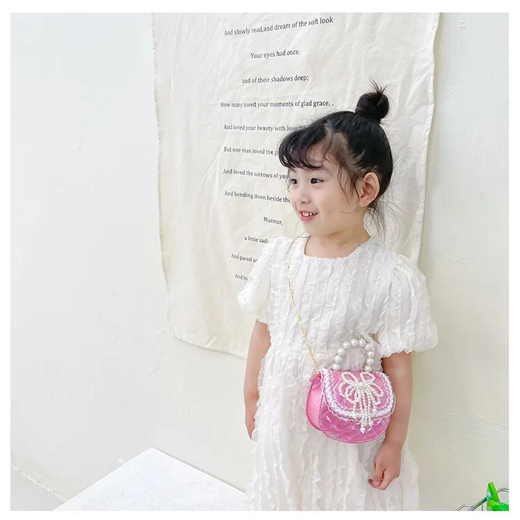 Sweet Cute Bow Children's Shoulder Bag Pearl Handle Baby Girls Small Crossbody Bags Lovely Princess Accessories Purse Handbags