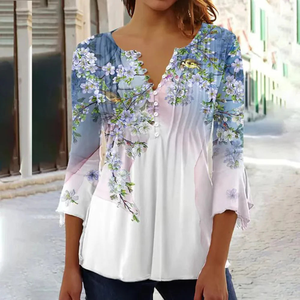 New Fashion Women's T-Shirt Tee White Floral Button Short Sleeve Summer 3D Printed Basic V-Neck Loose Casua Size Top Clothing