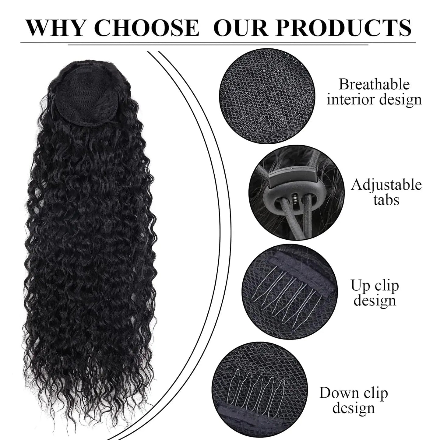 Synthetic Wig 24inch Long Curly Wave Drawstring Ponytail HairPieces Extension Heat Resistant Clip in For Women Girl