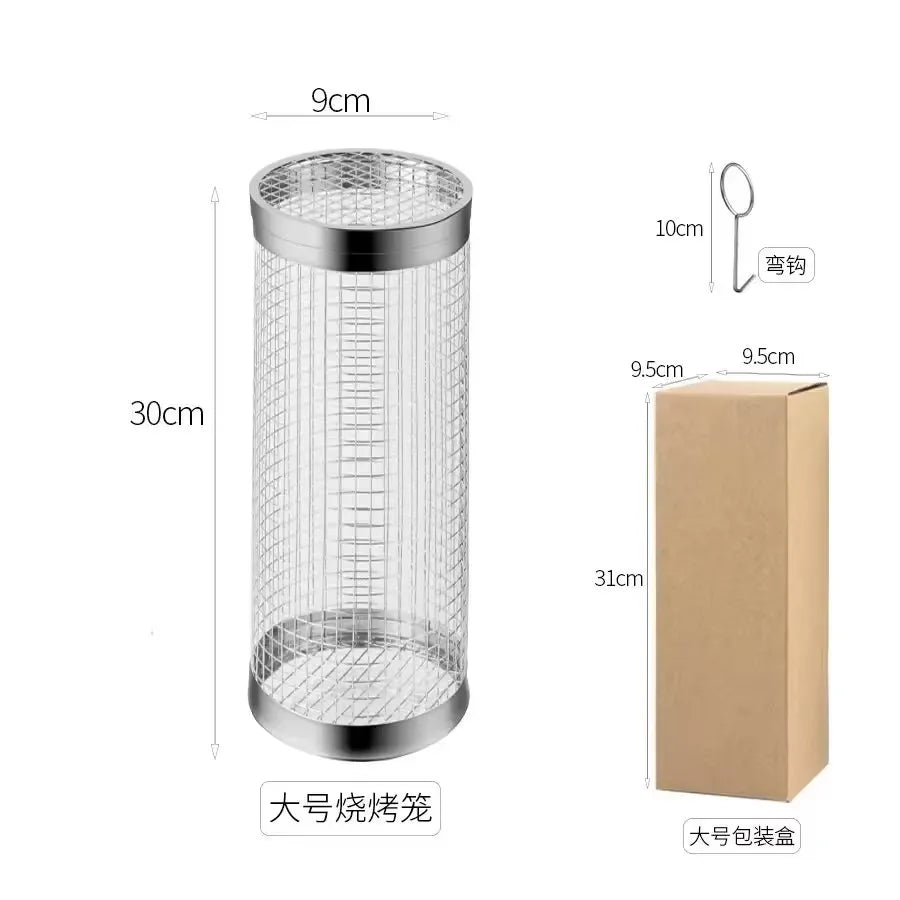 BBQ Basket Stainless Steel Rolling Grilling Basket Wire Mesh Cylinder Grill Basket Portable Round Outdoor Camping Barbecue Rack
