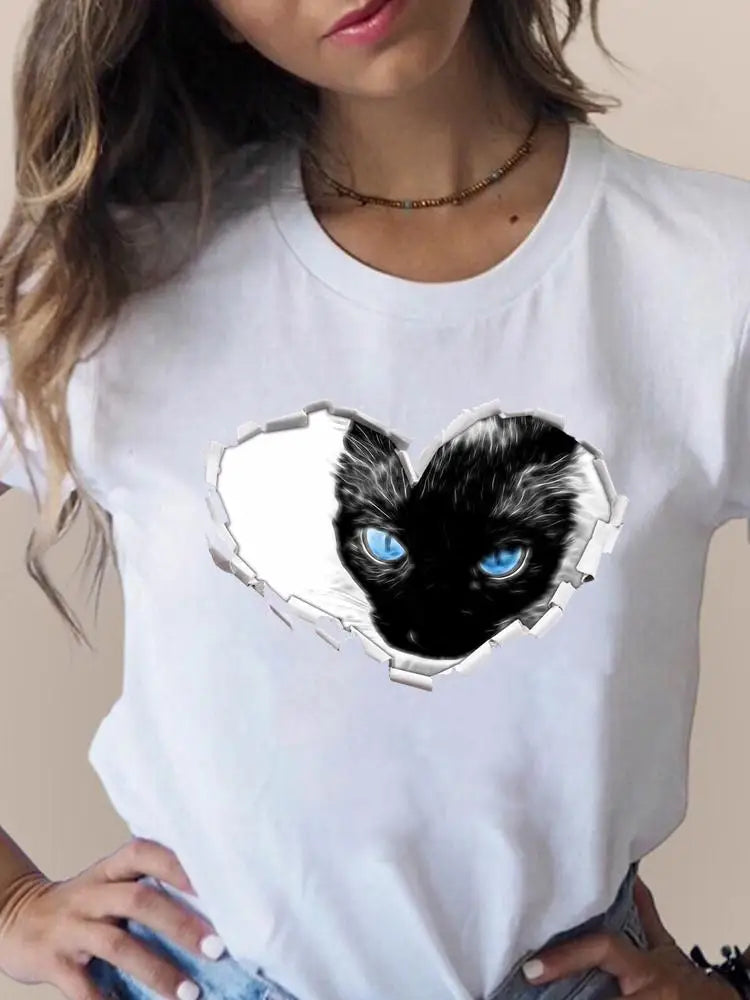 Print T Fashion 3D Cat Lovely Trend Cute Women's Clothing Short Sleeve Clothes Summer T-shirts Ladies Female Graphic Tee