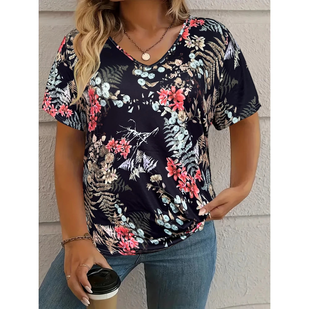 Women's T-Shirt Retro Floralelegant V-Neck Short Sleeve Summer Casual Top Loose Casual Ladies T-Shirt Fashion T-Shirt Clothes