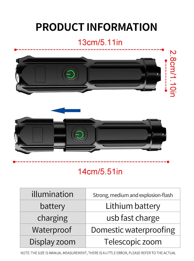 High Strong Flash Light Portable Rechargeable Spotlights High Power LED Flashlight Camping Ultra Powerful Flashlight Lamp Work