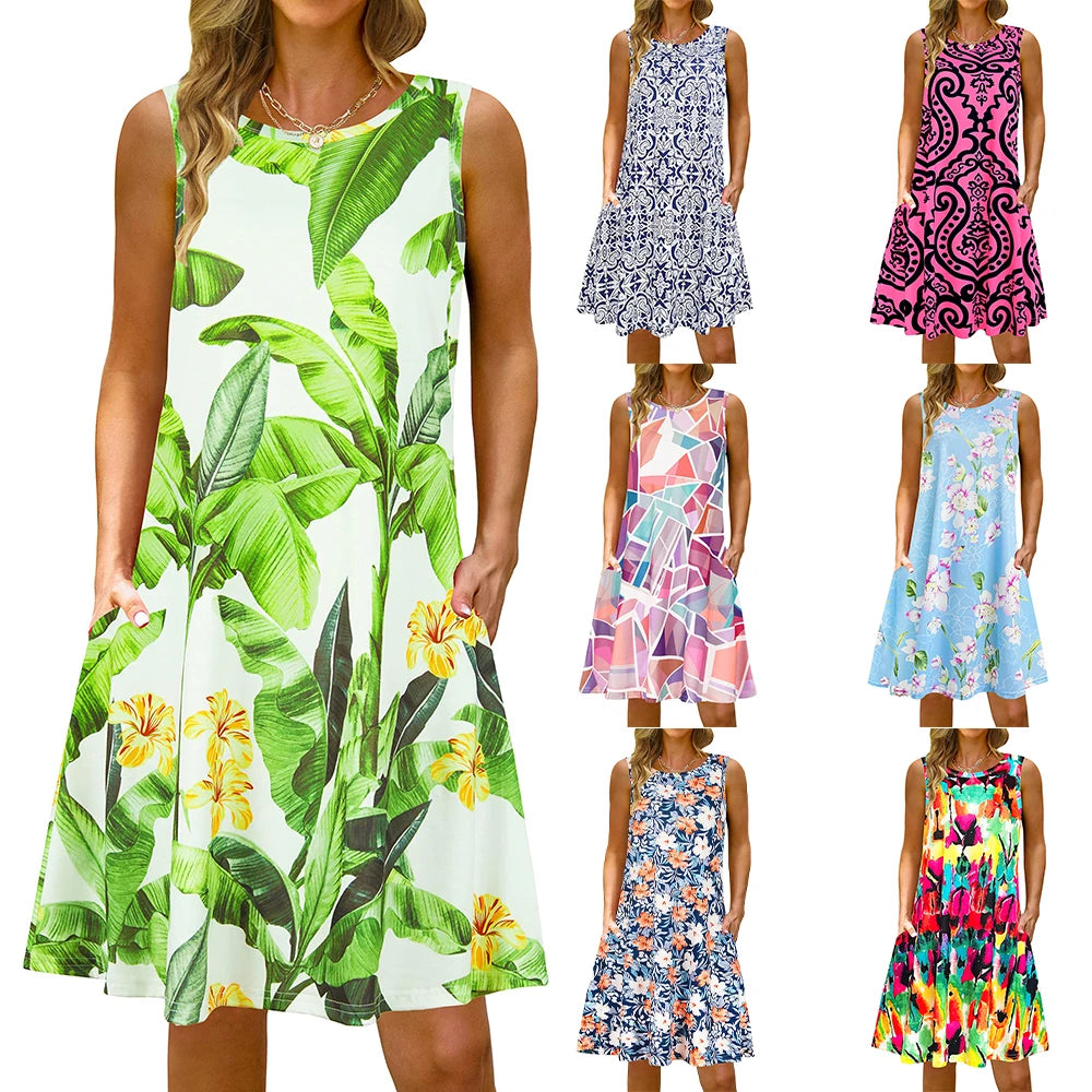 S-5Xl Colorful Printed O Neck Long Dress Casual Bohemian Sleeveless Ladies Summer Beach Sundress Travel Pocket Shirt Party Gowns