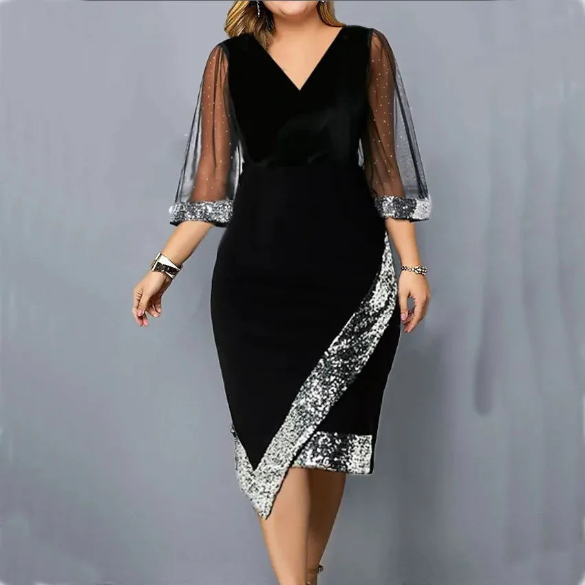 Spring Summer Women's Clothing New Fashion Gold Velvet Irregular Sequin See Through Mesh Women's Five Quarter Sleeve Dress