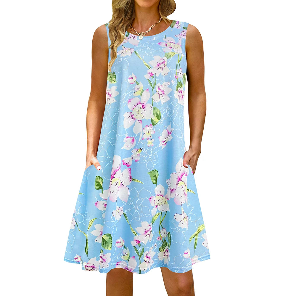 S-5Xl Colorful Printed O Neck Long Dress Casual Bohemian Sleeveless Ladies Summer Beach Sundress Travel Pocket Shirt Party Gowns