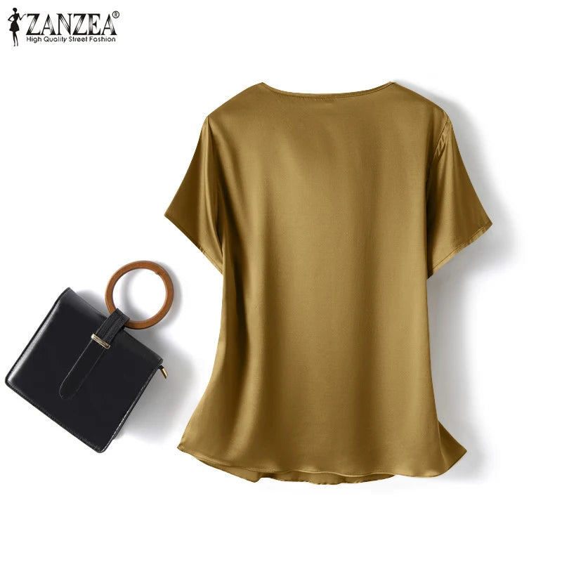 Women Summer Blouses ZANZEA 2024 Fashion Satin Tops Short Sleeve Blusas Female O Neck Casual Home Wear Tunic Chemise Oversized