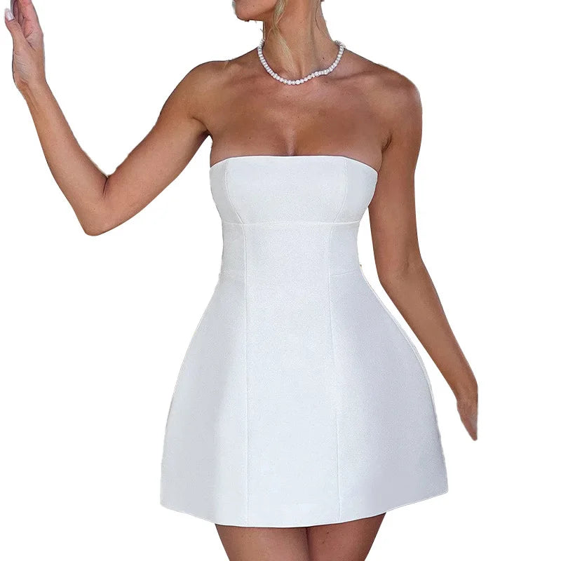 Sleeveless Sexy Tube Top Mini Dresses Solid Patchwork High Waist Summer Fashion Female Bodycon Plunge Vacation Strapless Dress