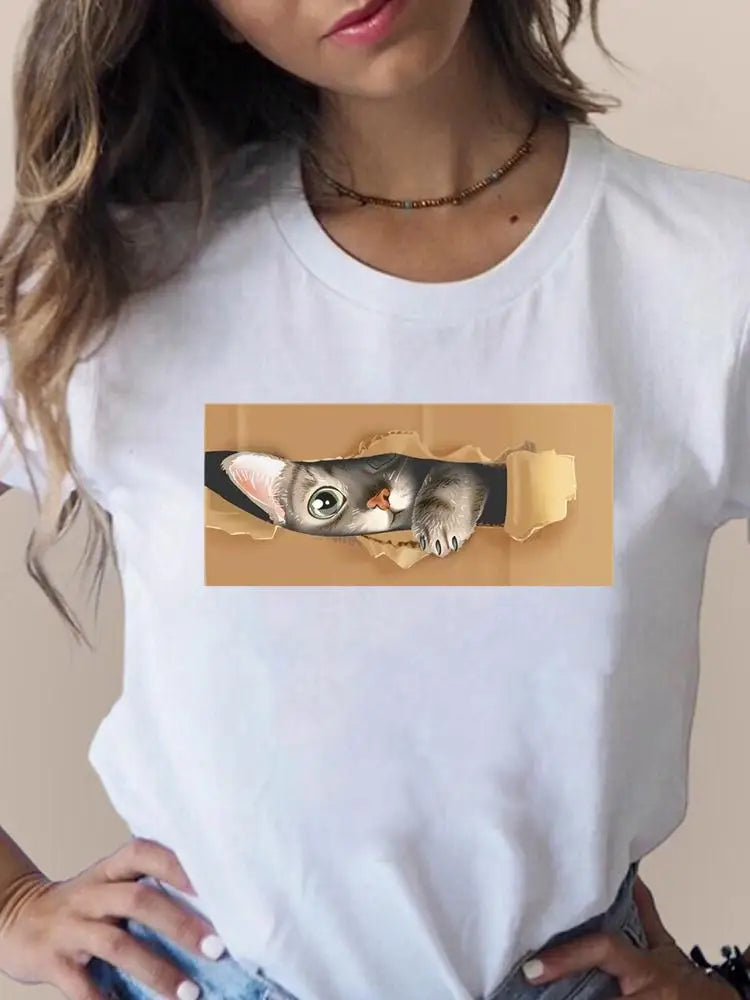 Print T Fashion 3D Cat Lovely Trend Cute Women's Clothing Short Sleeve Clothes Summer T-shirts Ladies Female Graphic Tee