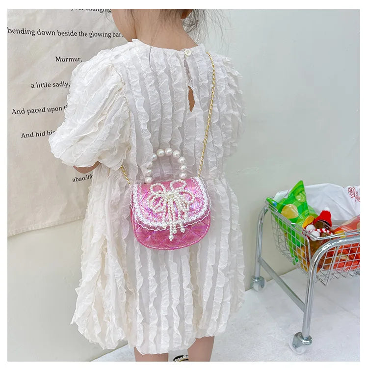 Sweet Cute Bow Children's Shoulder Bag Pearl Handle Baby Girls Small Crossbody Bags Lovely Princess Accessories Purse Handbags
