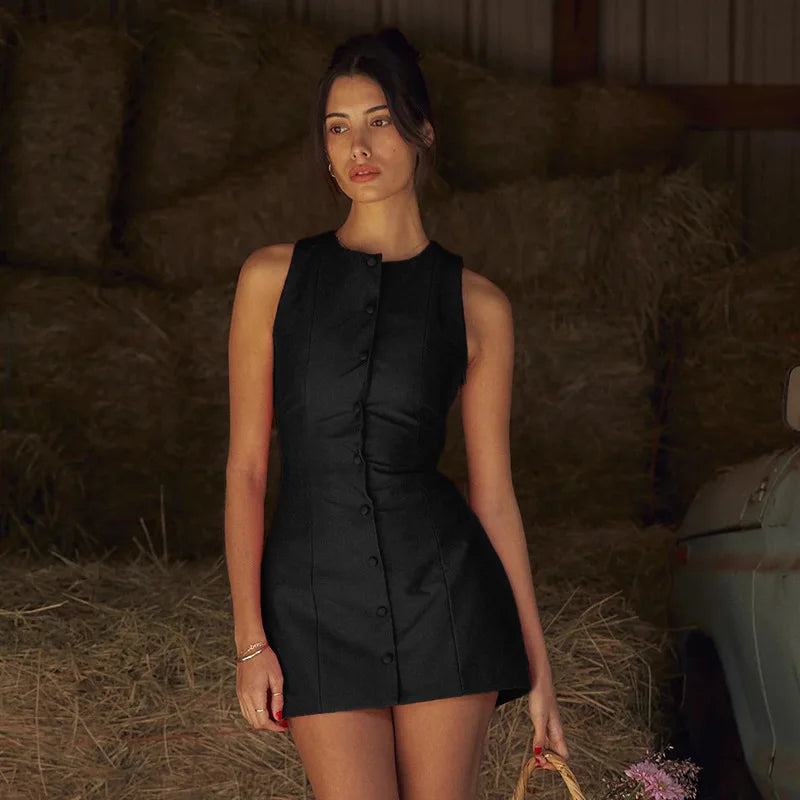 Fashion Sleeveless Sexy Mini Dress For Women New O Neck Single-btrasted Bodycon Club Party Tank Dress Femme Clothes vestidos