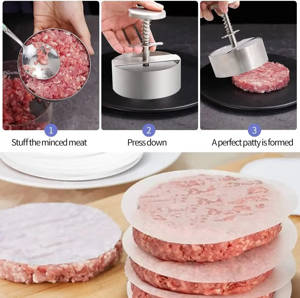 Hamburger Patty Maker Press 304 Stainless Steel Non-Stick Round Manual Rice Ball Mold Thickness Adjusted Kitchen Beef BBQ Tools