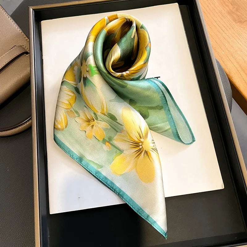 Hot Sale 2025 Brand 100% Silk Scarf Women Neck Hair Foulard Square Headband Hijab Print Poncho Scarves Bandana Fashion 53cm