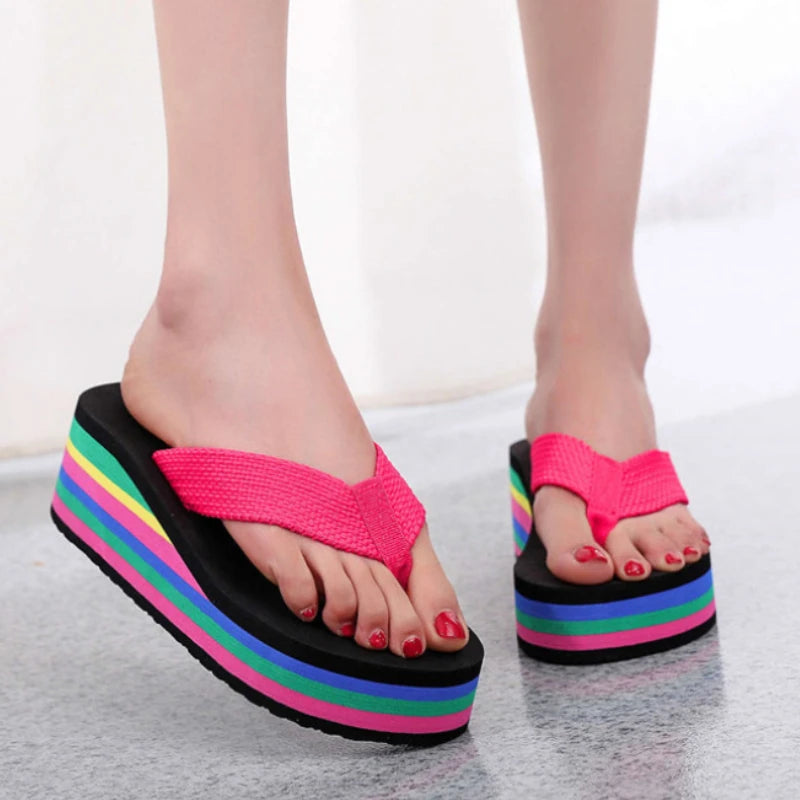 Women's Rainbow Color Platform Flip Flops Summer Thick Sole Lightweight Slip-on Wedges Sandals Girls Beach Slippers
