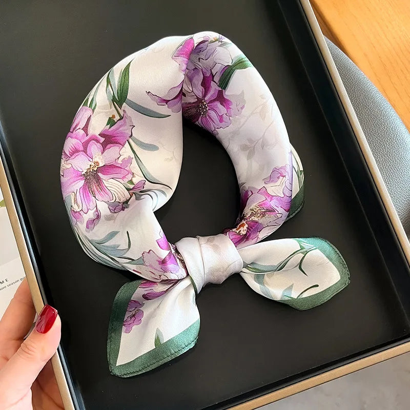 Hot Sale 2025 Brand 100% Silk Scarf Women Neck Hair Foulard Square Headband Hijab Print Poncho Scarves Bandana Fashion 53cm
