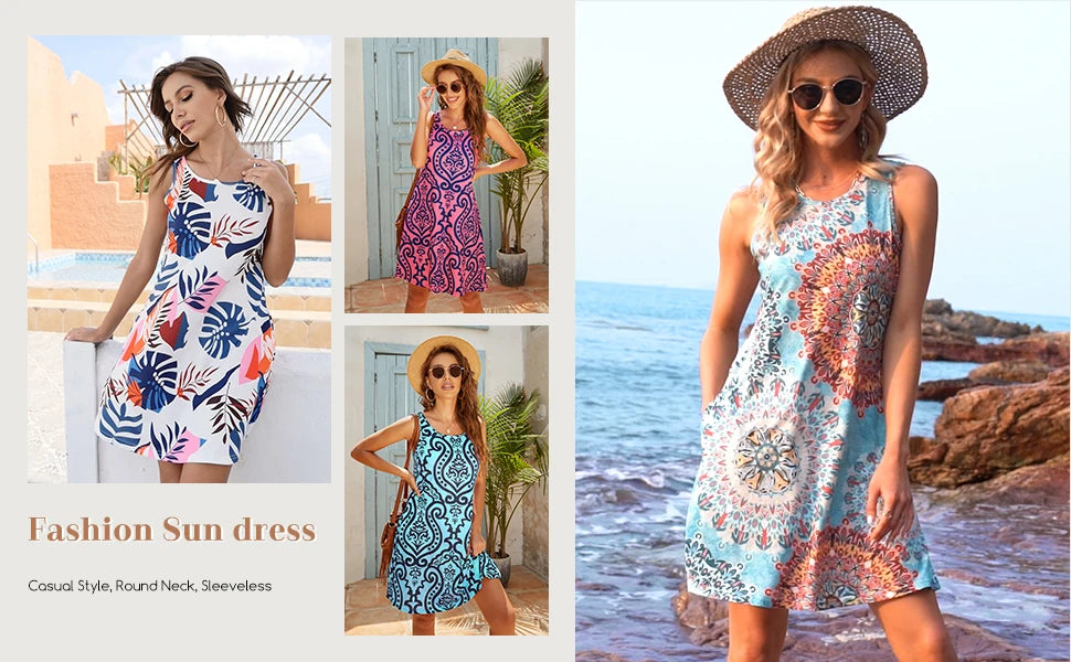 S-5Xl Colorful Printed O Neck Long Dress Casual Bohemian Sleeveless Ladies Summer Beach Sundress Travel Pocket Shirt Party Gowns