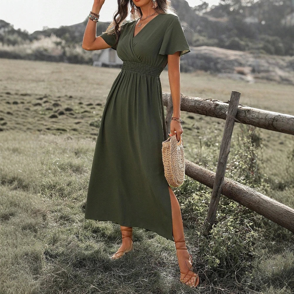 Mia Muse Women's Dresses Summer Fashion 2025 Plain Side Slit Nipped Waists Short Sleeve V-Neck A Line Midi Vacation Dresses