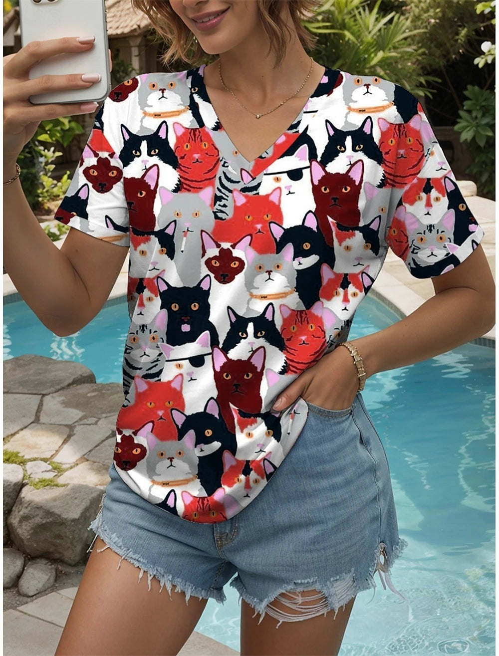 Vintage Simple Women's T-Shirt 3D Wave Curve Tee Fashion V-Neck Summer Short Sleeve Loose Streetwear Female Clothes Black Tshirt