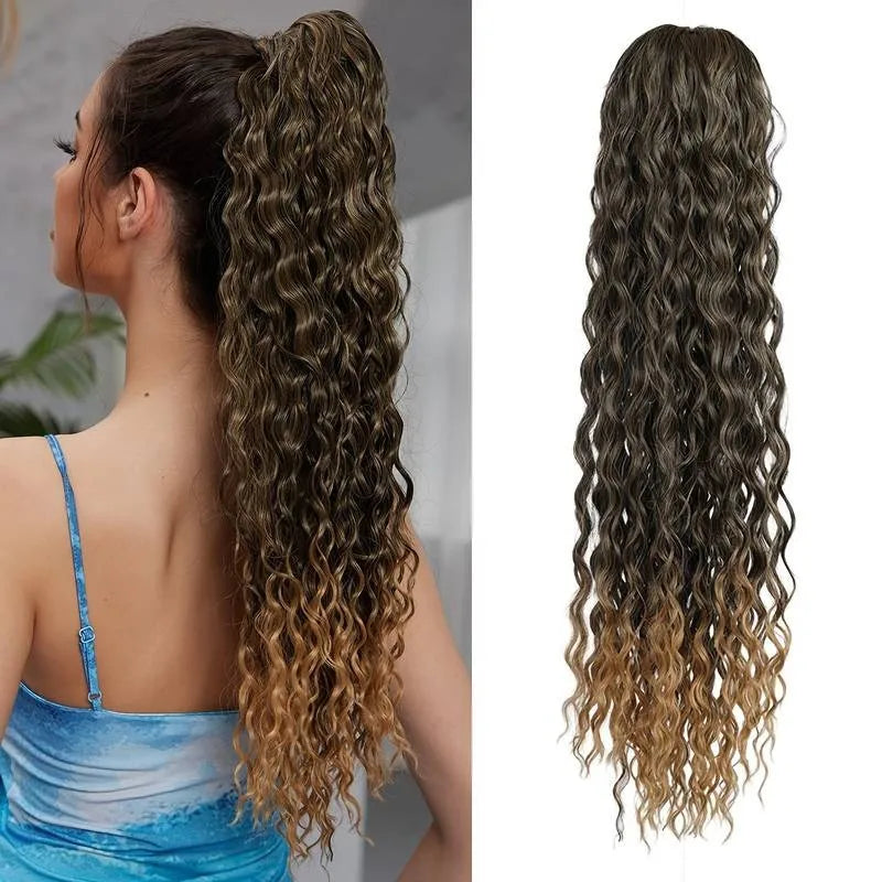 Synthetic Wig 24inch Long Curly Wave Drawstring Ponytail HairPieces Extension Heat Resistant Clip in For Women Girl