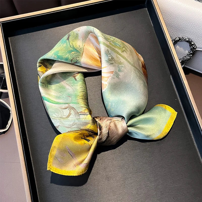 Hot Sale 2025 Brand 100% Silk Scarf Women Neck Hair Foulard Square Headband Hijab Print Poncho Scarves Bandana Fashion 53cm