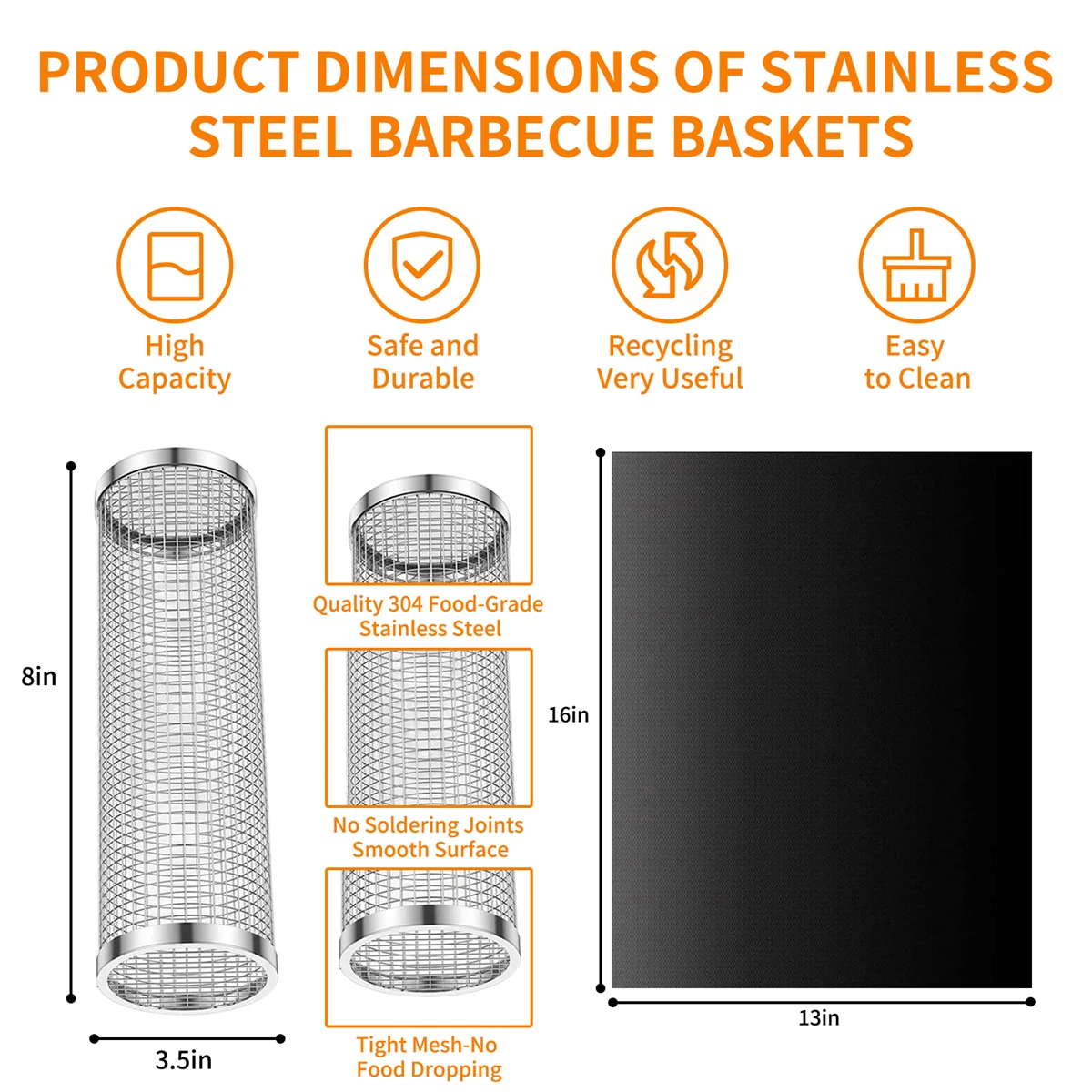 BBQ Basket Stainless Steel Rolling Grilling Basket Wire Mesh Cylinder Grill Basket Portable Round Outdoor Camping Barbecue Rack