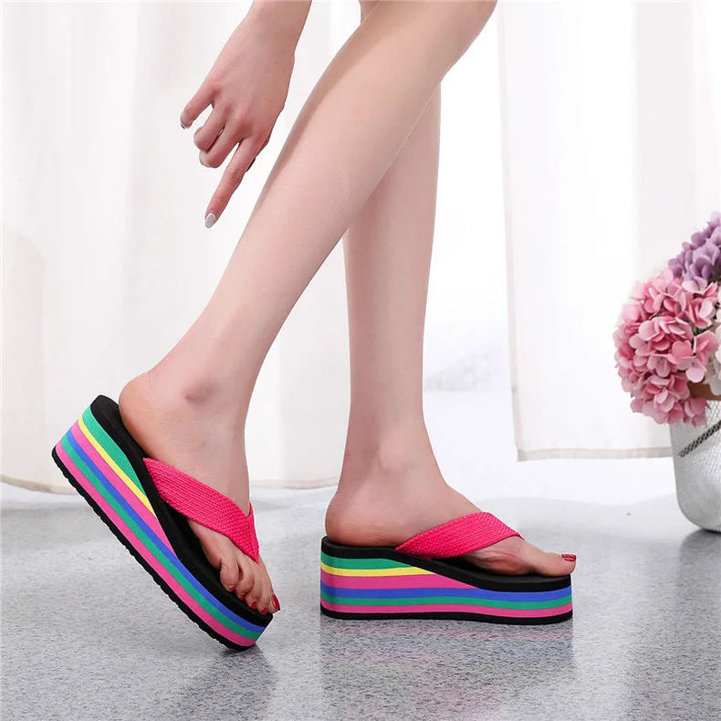 Women's Rainbow Color Platform Flip Flops Summer Thick Sole Lightweight Slip-on Wedges Sandals Girls Beach Slippers