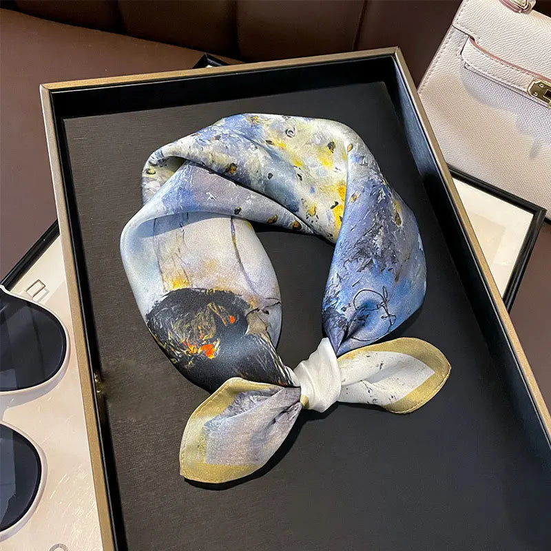 Hot Sale 2025 Brand 100% Silk Scarf Women Neck Hair Foulard Square Headband Hijab Print Poncho Scarves Bandana Fashion 53cm