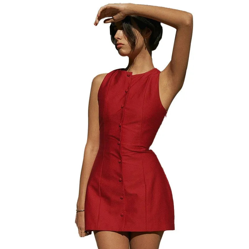 Fashion Sleeveless Sexy Mini Dress For Women New O Neck Single-btrasted Bodycon Club Party Tank Dress Femme Clothes vestidos