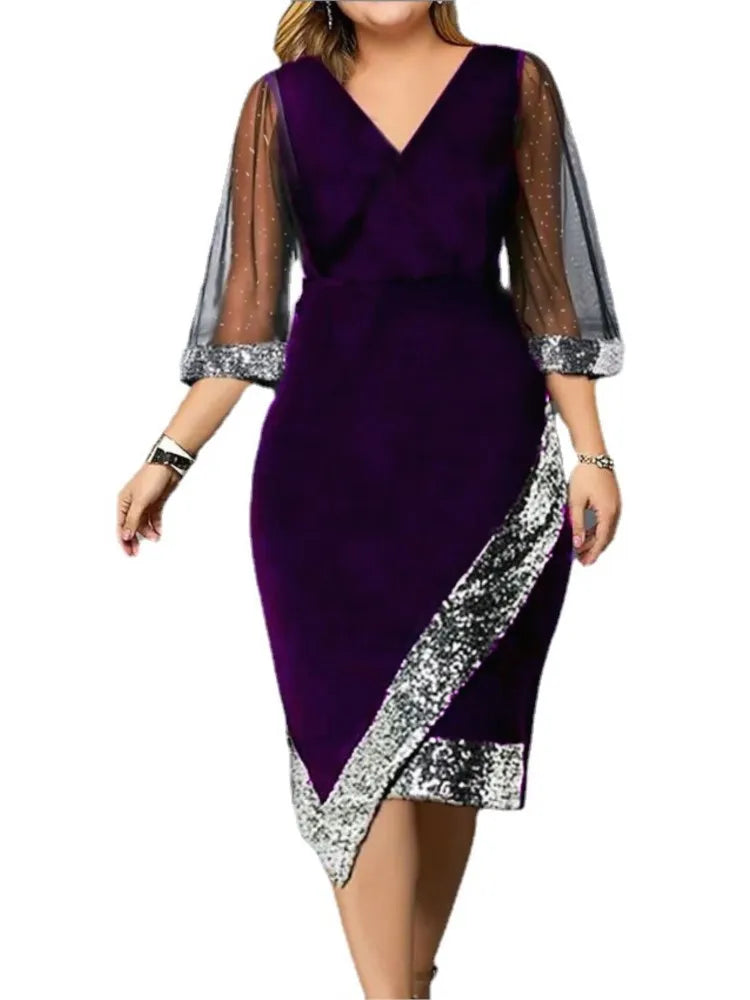 Spring Summer Women's Clothing New Fashion Gold Velvet Irregular Sequin See Through Mesh Women's Five Quarter Sleeve Dress