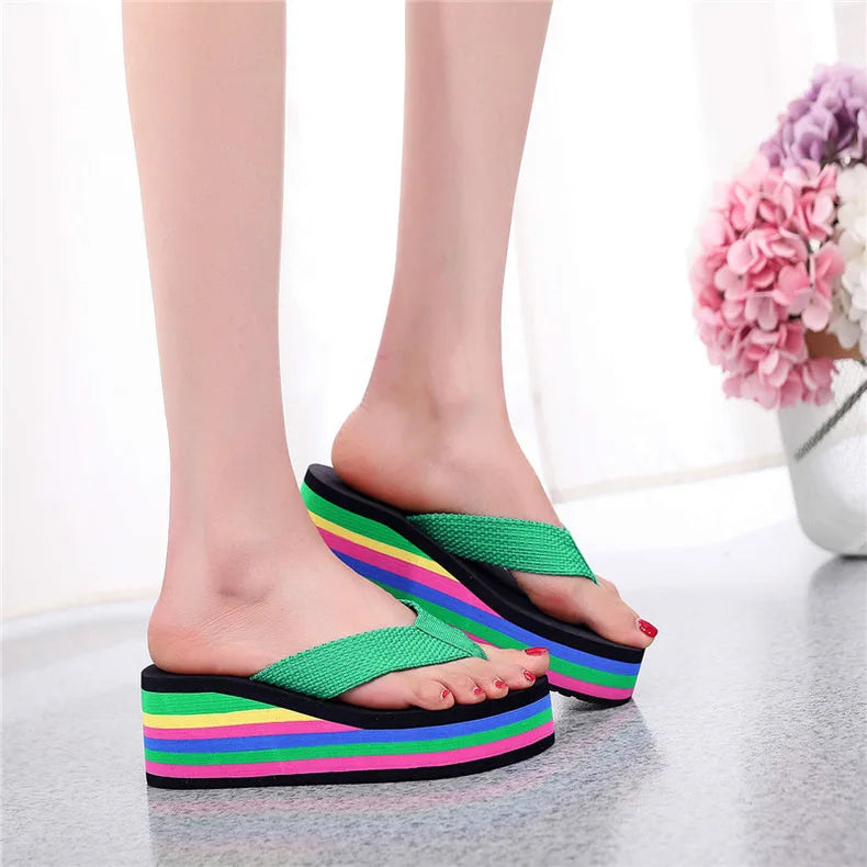 Women's Rainbow Color Platform Flip Flops Summer Thick Sole Lightweight Slip-on Wedges Sandals Girls Beach Slippers