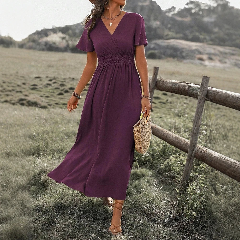 Mia Muse Women's Dresses Summer Fashion 2025 Plain Side Slit Nipped Waists Short Sleeve V-Neck A Line Midi Vacation Dresses