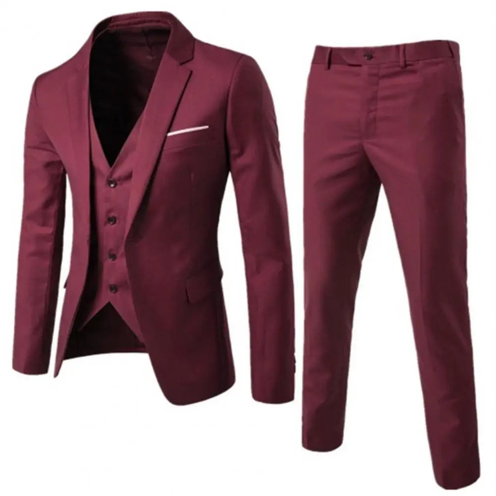 Men Three-piece Suit Men's Formal Business Style Slim Fit Wedding Suit Set with Silky Smooth Anti-wrinkle Fabric Turn-down