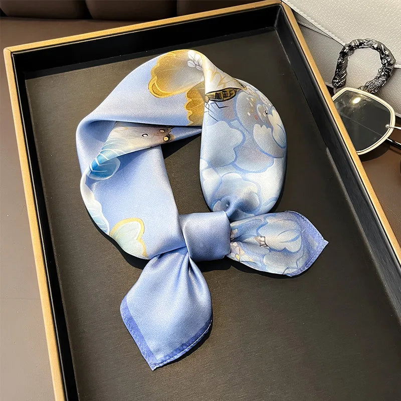 Hot Sale 2025 Brand 100% Silk Scarf Women Neck Hair Foulard Square Headband Hijab Print Poncho Scarves Bandana Fashion 53cm
