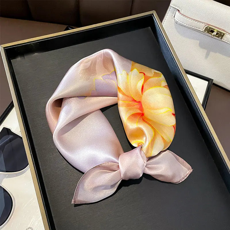 Hot Sale 2025 Brand 100% Silk Scarf Women Neck Hair Foulard Square Headband Hijab Print Poncho Scarves Bandana Fashion 53cm