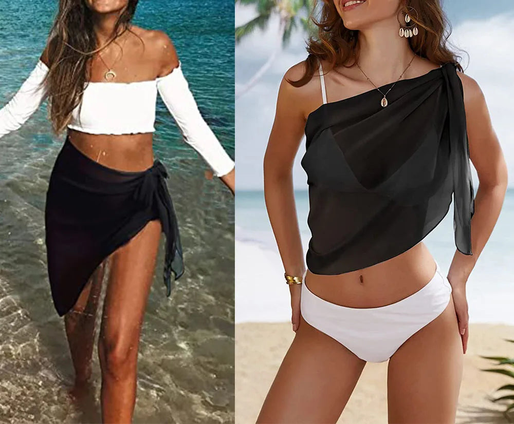 2024 Women's Sarong Coverups Sexy Short Bathing Suit Chiffon Wrap Skirt Beach Swimsuit Cover Ups with Tassels Swimwear