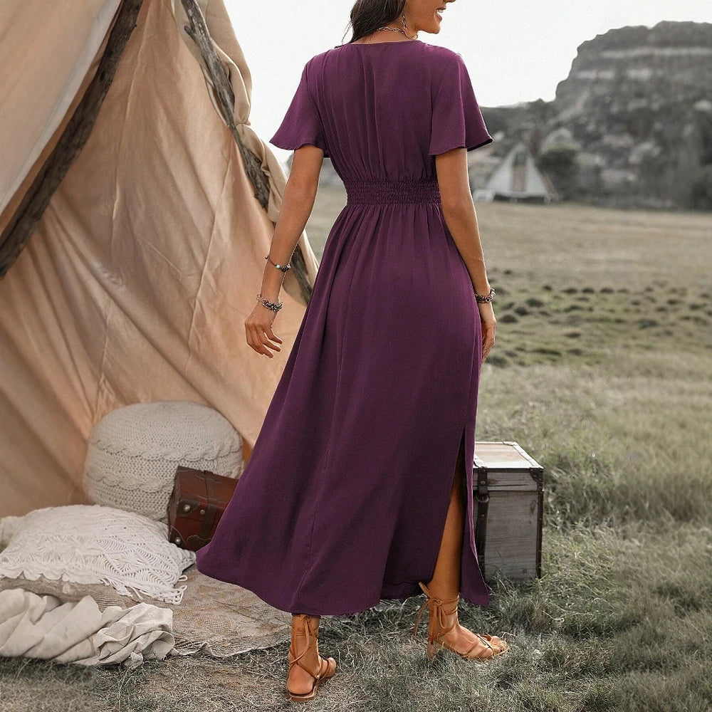 Mia Muse Women's Dresses Summer Fashion 2025 Plain Side Slit Nipped Waists Short Sleeve V-Neck A Line Midi Vacation Dresses