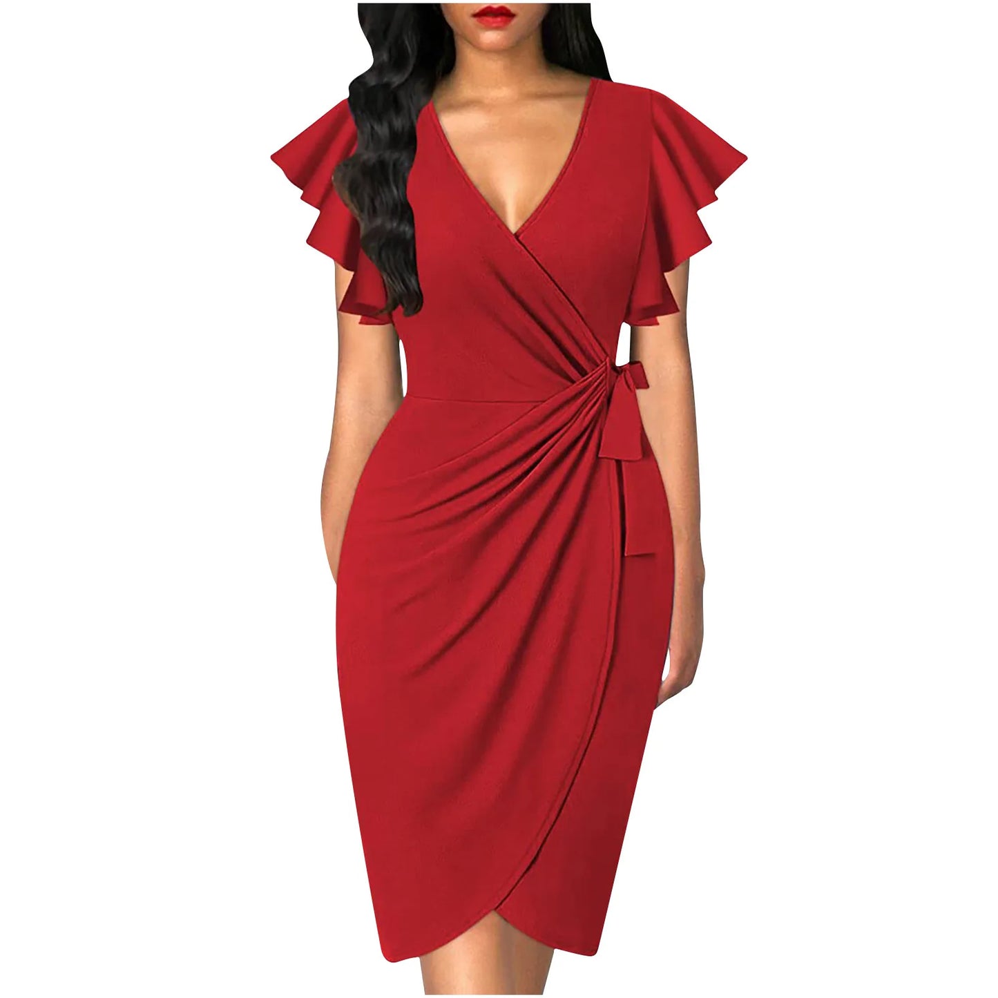 Summer Elegant Bodycom Dress Lady V-Neck Petal Sleeve Dress Solid Color Pleated Work Robe Clothes